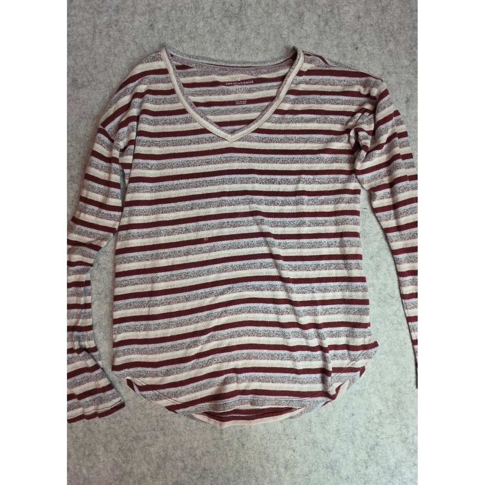American Eagle Soft & Sexy Plush Striped V-Neck Top Burgundy Cream Medium